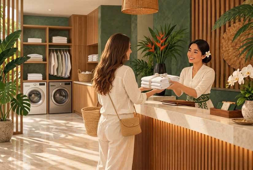 Staf outlet menerima cucian dan mencatat order dengan Sandat Laundry