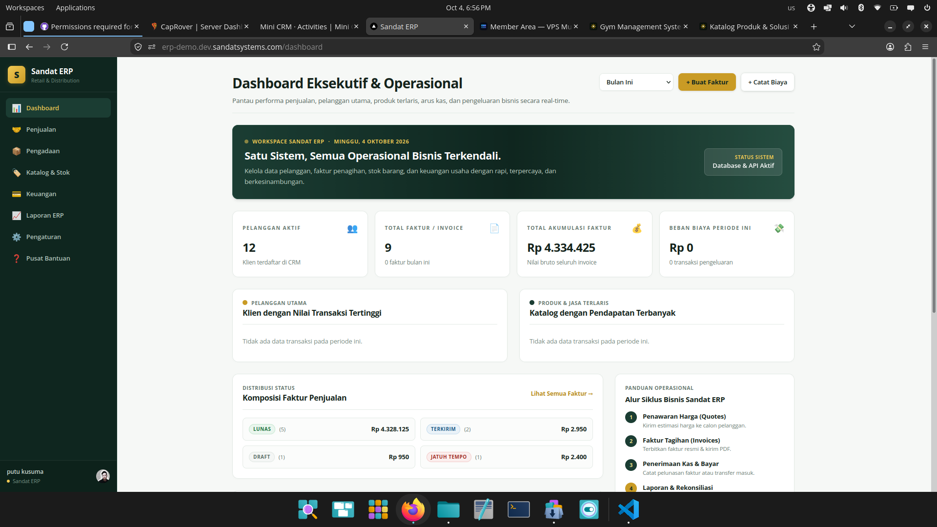 Dashboard Sandat ERP dengan ringkasan penjualan, faktur, pengeluaran, dan performa bisnis.